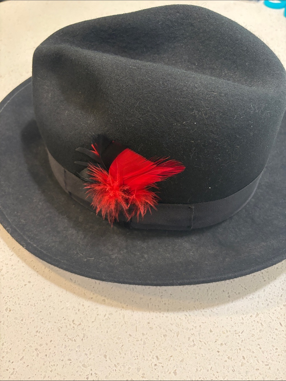 K Hats 100% Wool Black Fedora Hat with Red Feather Accent